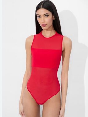 Alice + Olivia Red Sheer Panel Sleeveless Bodysuit